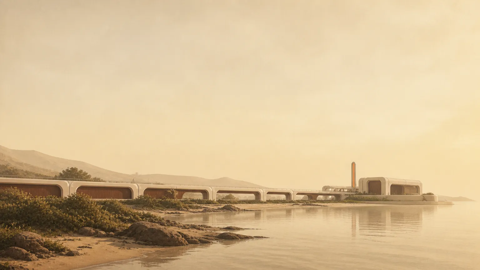 A coastal campus behind the operator’s Workspaces screen