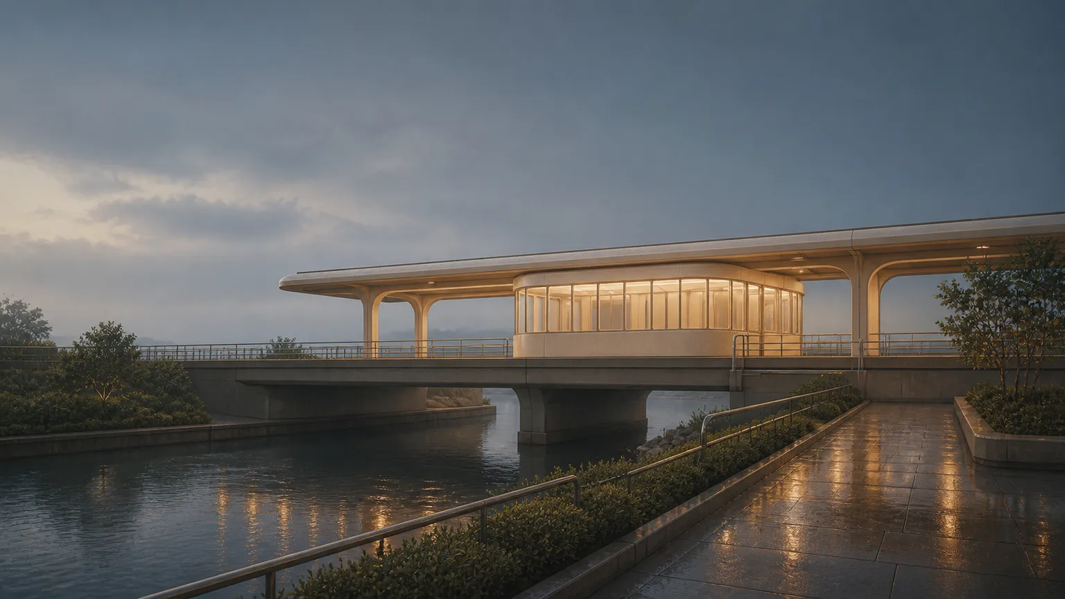 A waterside pavilion behind the example reporting portal