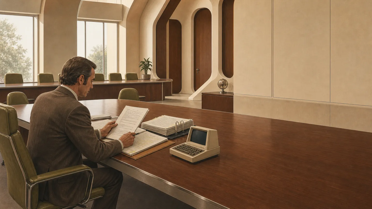 An advisor reviewing work at a boardroom table