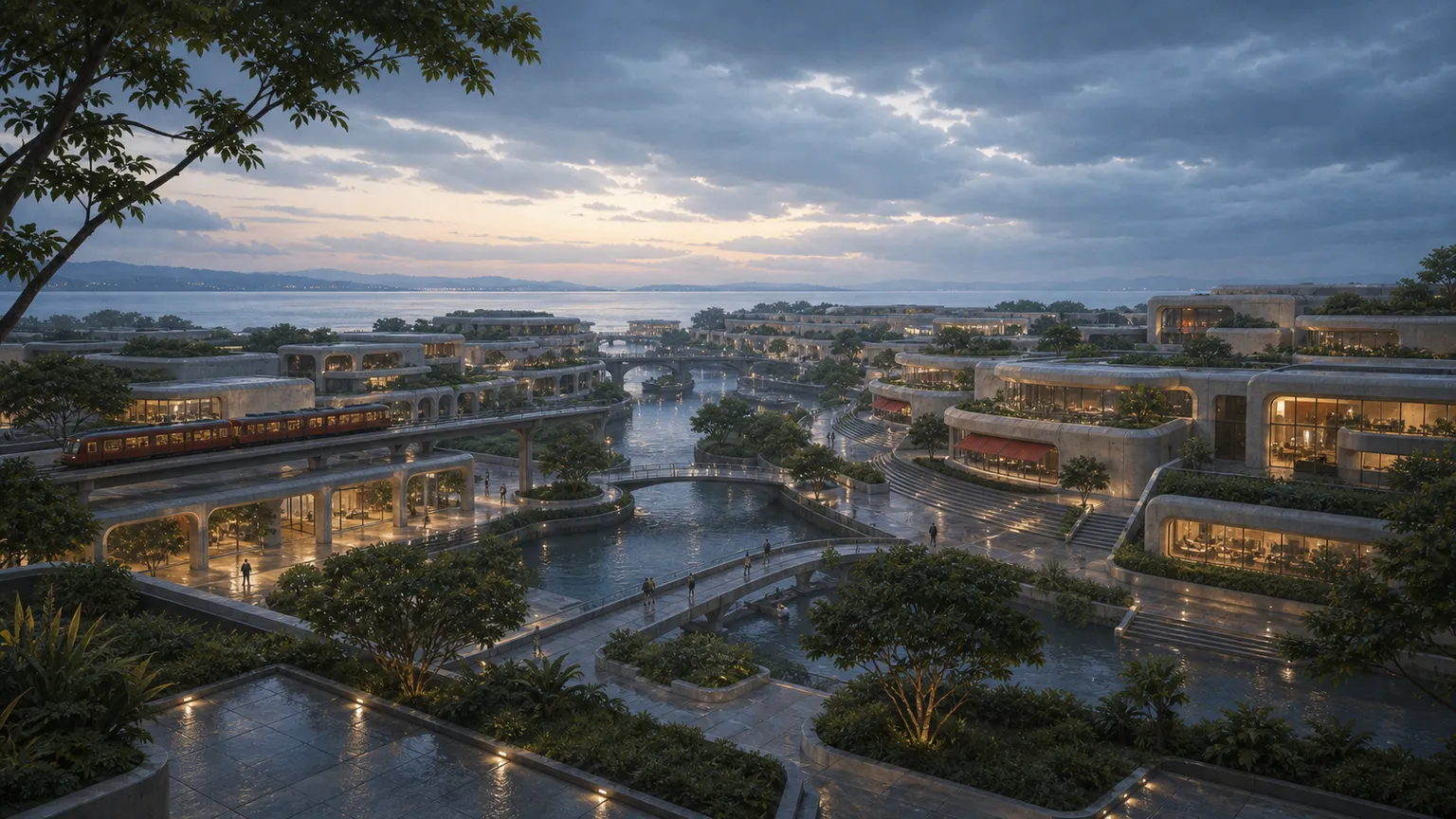 A waterside district of many lit buildings